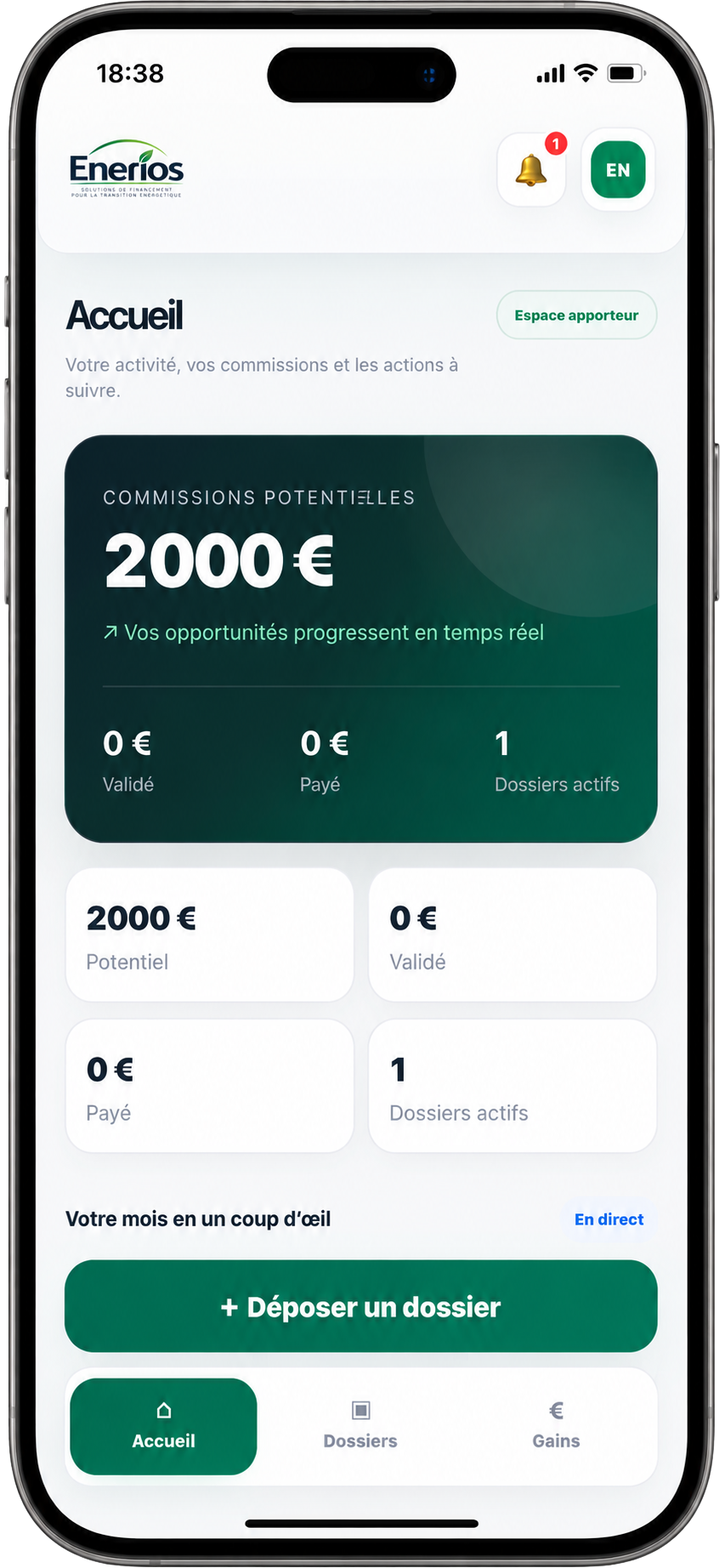 Tableau de bord Enerios montrant les commissions potentielles, validées, payées et les dossiers actifs